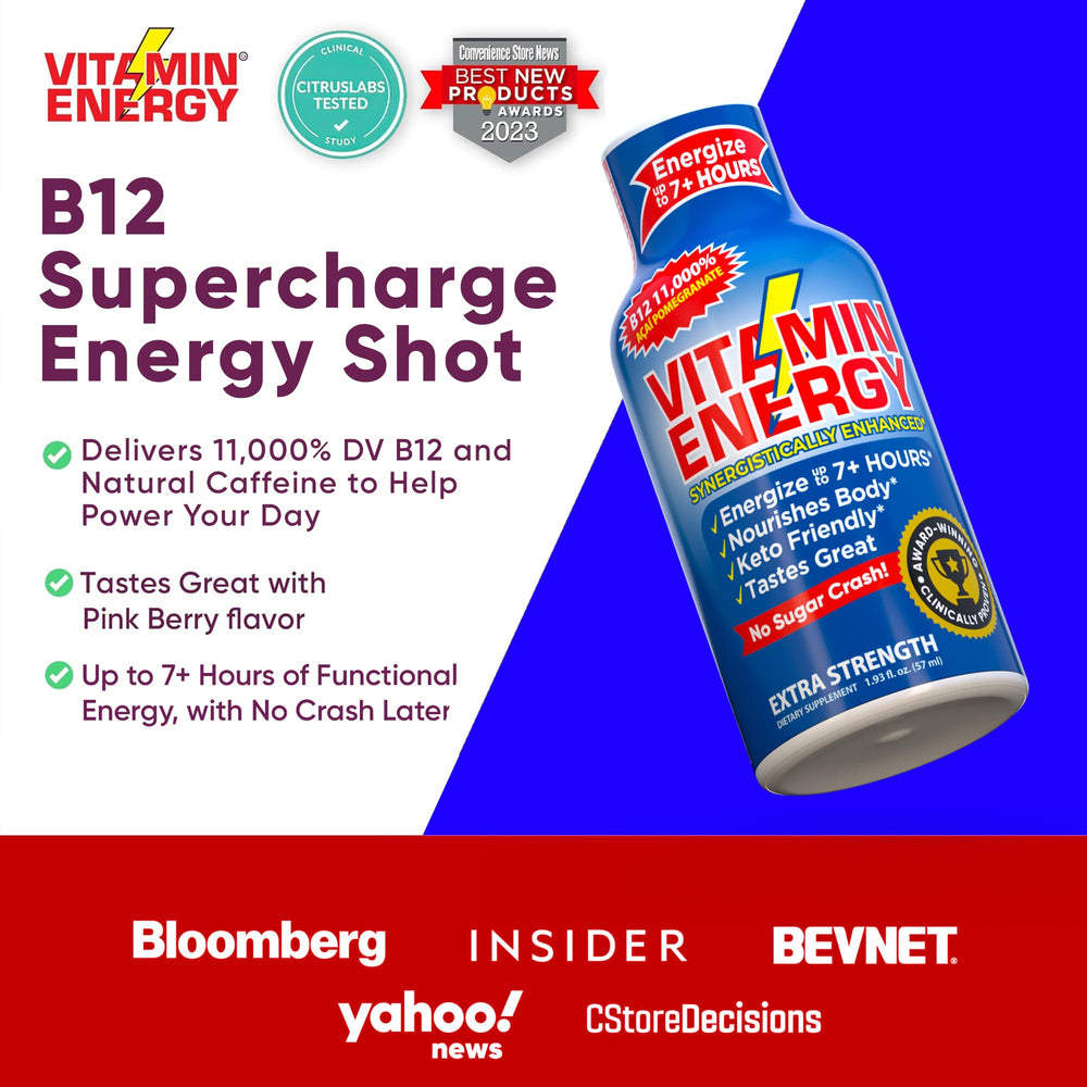 Travel-size Vitamin Energy B12 shot bottle ready for gym or commute