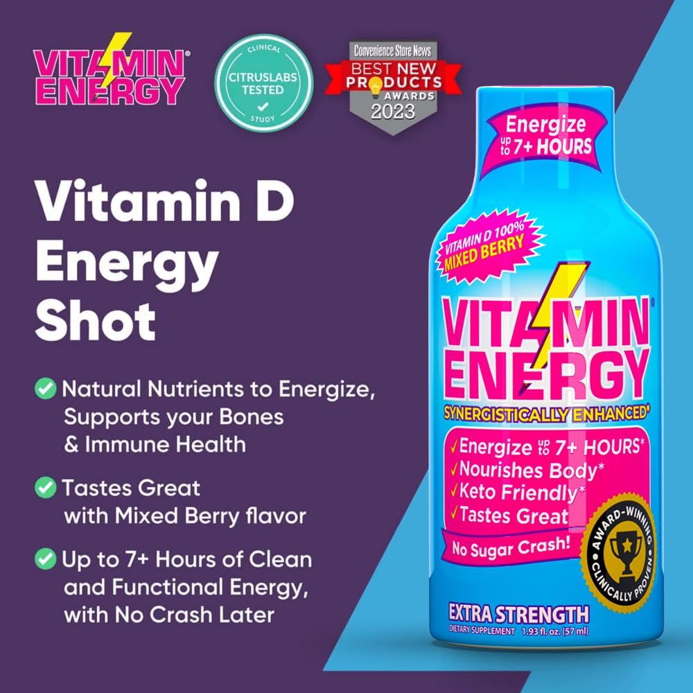 Vitamin Energy Berry Shot nutrition label legible with key ingredients listed.
