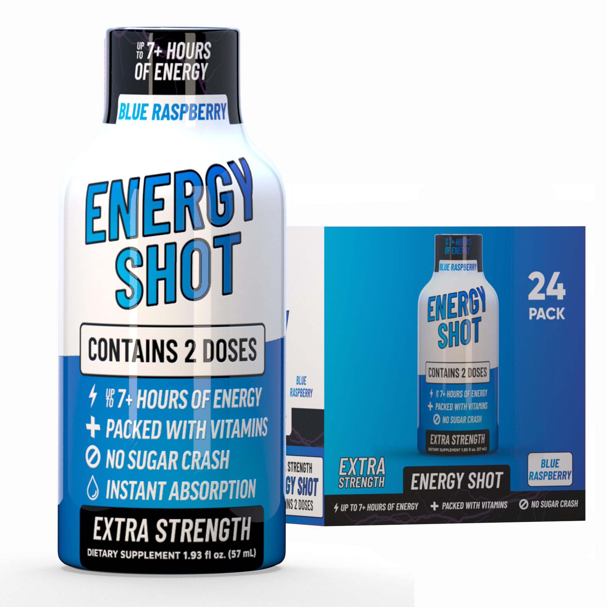 Vitamin Energy Blue Raspberry Shot bottle shows two-serving design for flexible dosing.