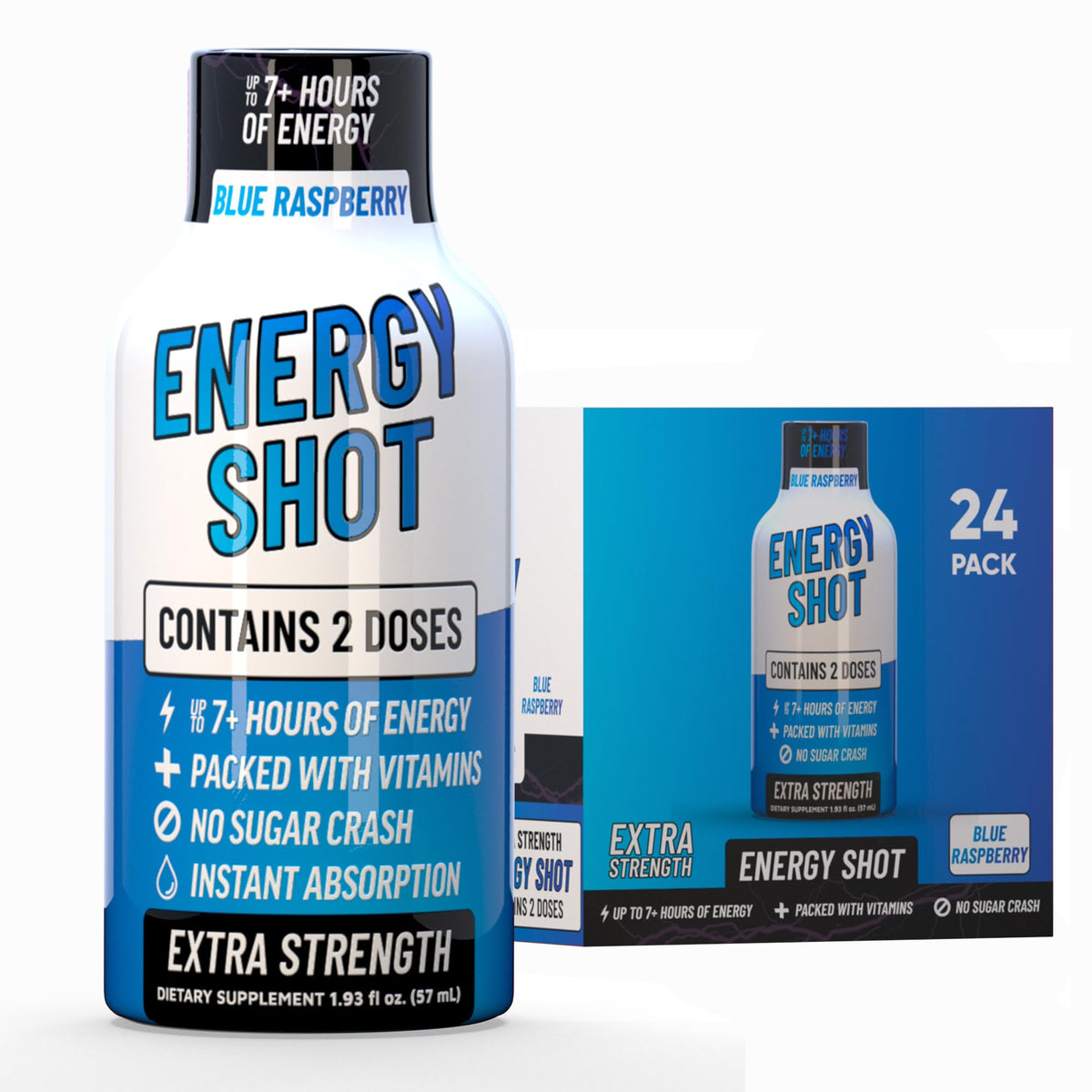 Vitamin Energy Blue Raspberry Shot bottle shows two-serving design for flexible dosing.