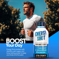 Vitamin Energy Blue Raspberry Shot glass showcases energizing color and refreshing flavor.