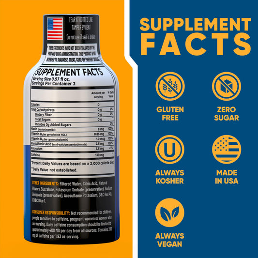 Vitamin Energy Blue Raspberry Shot label highlights ingredients and caffeine content for quick reference.