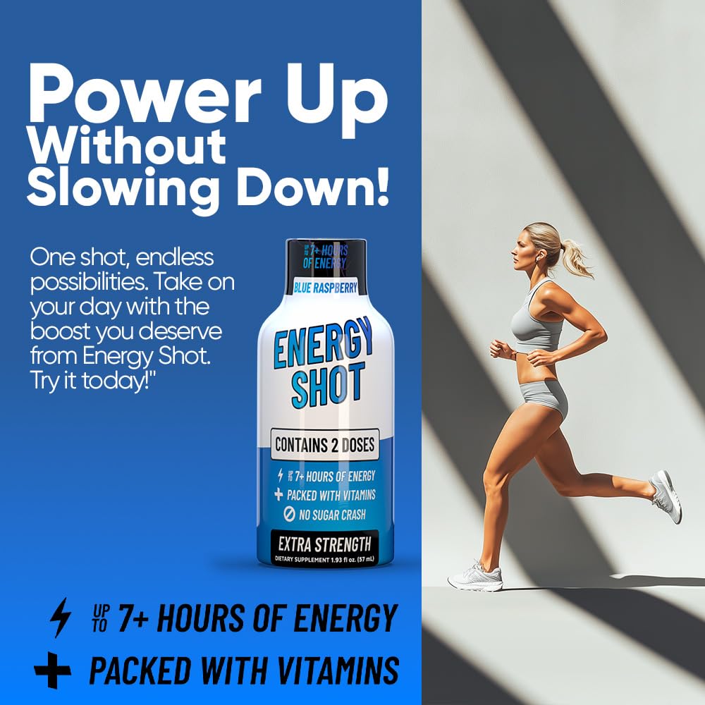 Vitamin Energy Blue Raspberry Shot packaging emphasizes compact zero-calorie convenience.