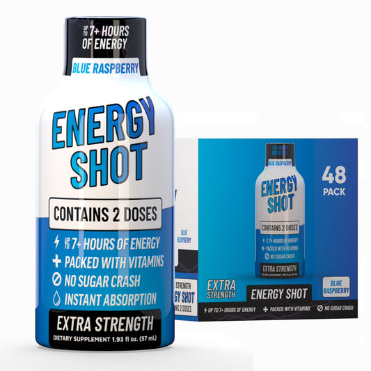 Vitamin Energy Blue Raspberry energy shot pour for flexible two-serving use.