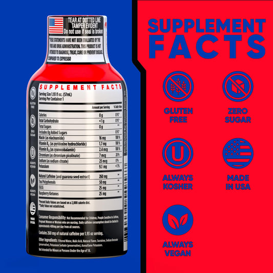 Vitamin Energy Burner+ Shot back view shows vegan and gluten-free labeling.