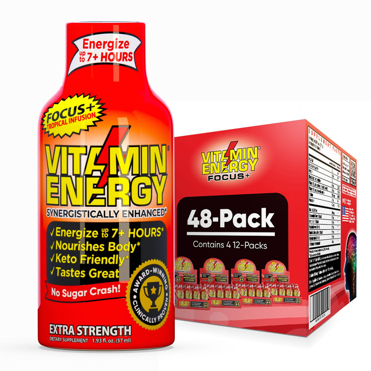 Vitamin Energy Focus+ tropical infusion shot bottle for on-the-go energy and clarity.
