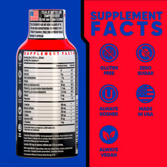 Vitamin Energy Focus+ tropical infusion shot label highlighting caffeine and vitamin blend for focus.