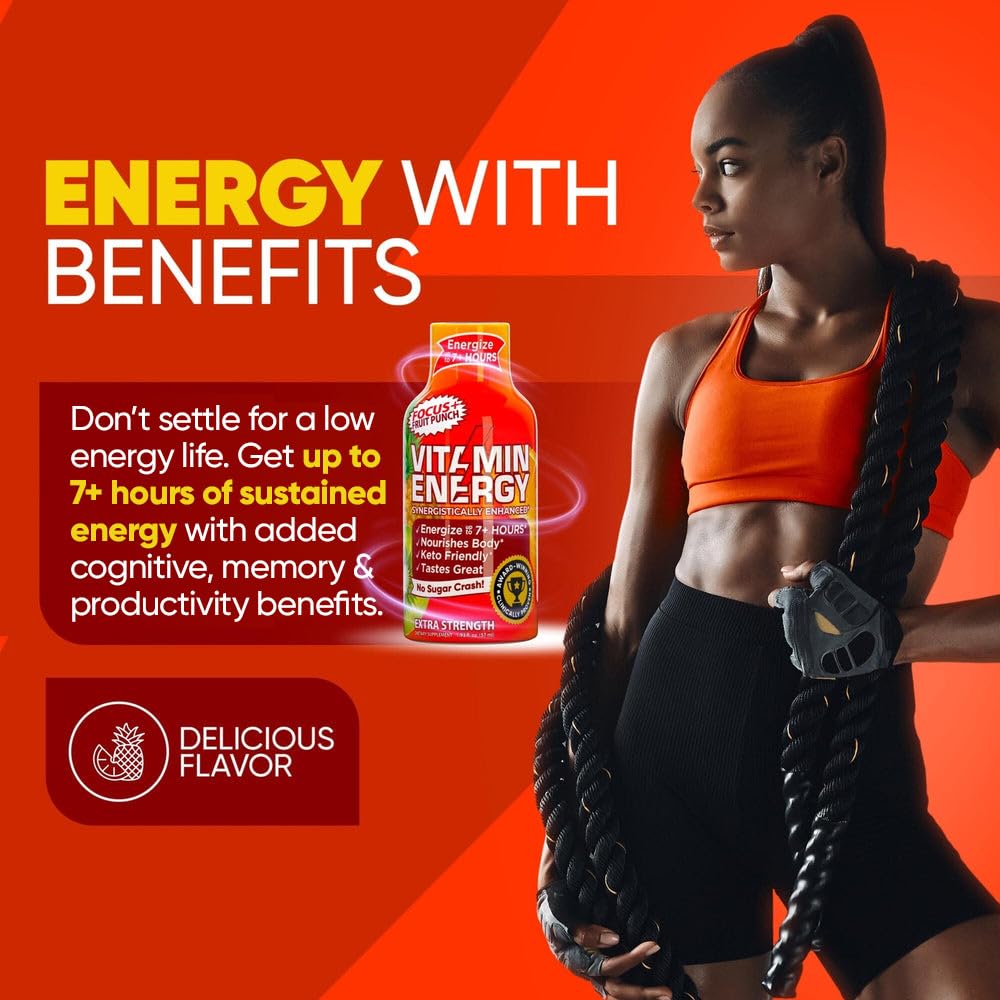 Vitamin Energy Focus+ shot being consumed during a busy workday scenario.