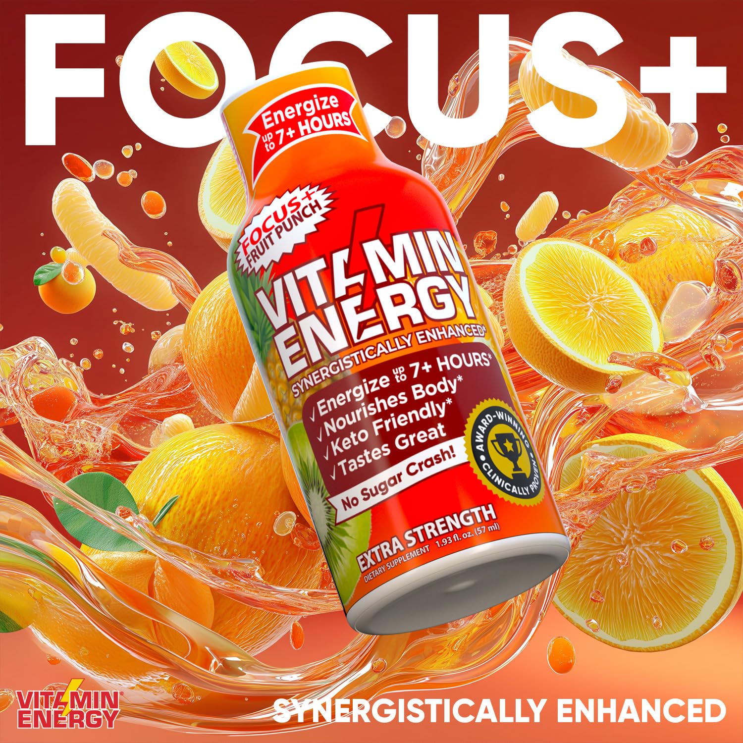 Vitamin Energy Focus+ label highlighting 260mg natural caffeine and B-vitamins.