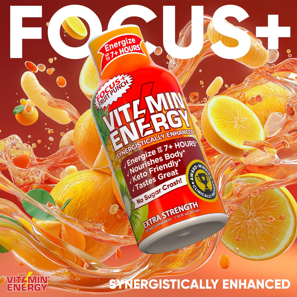Vitamin Energy Focus+ label highlighting 260mg natural caffeine and B-vitamins.