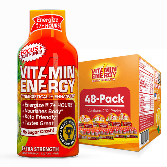 Vitamin Energy Focus+ fruit punch shot bottle with bold label emphasizing caffeine for alertness.