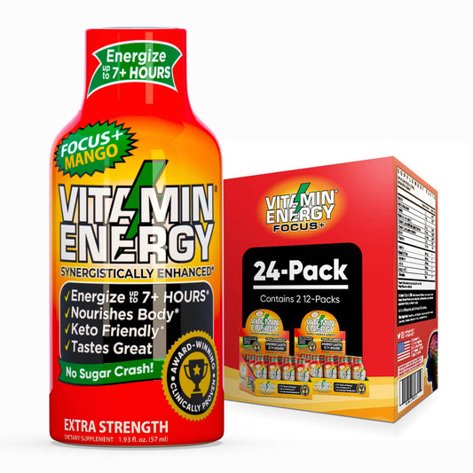 Vitamin Energy Focus Mango Shot 24-pack bottle for on-the-go energy.