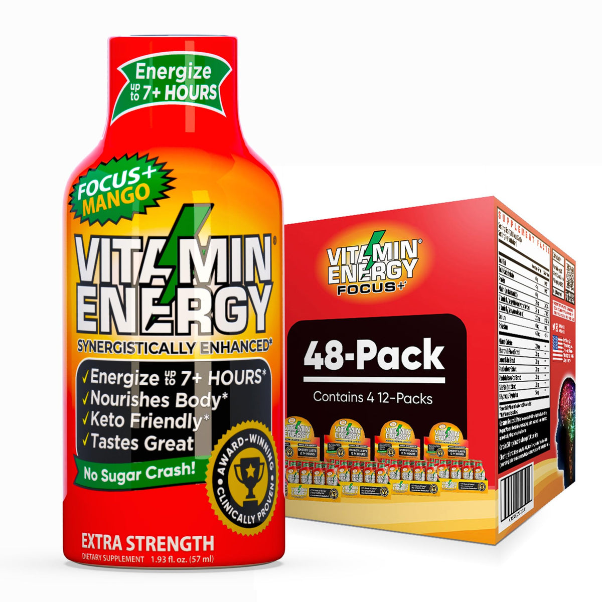 Vitamin Energy Focus Mango Shot front of 48-pack with bold branding for quick energy.