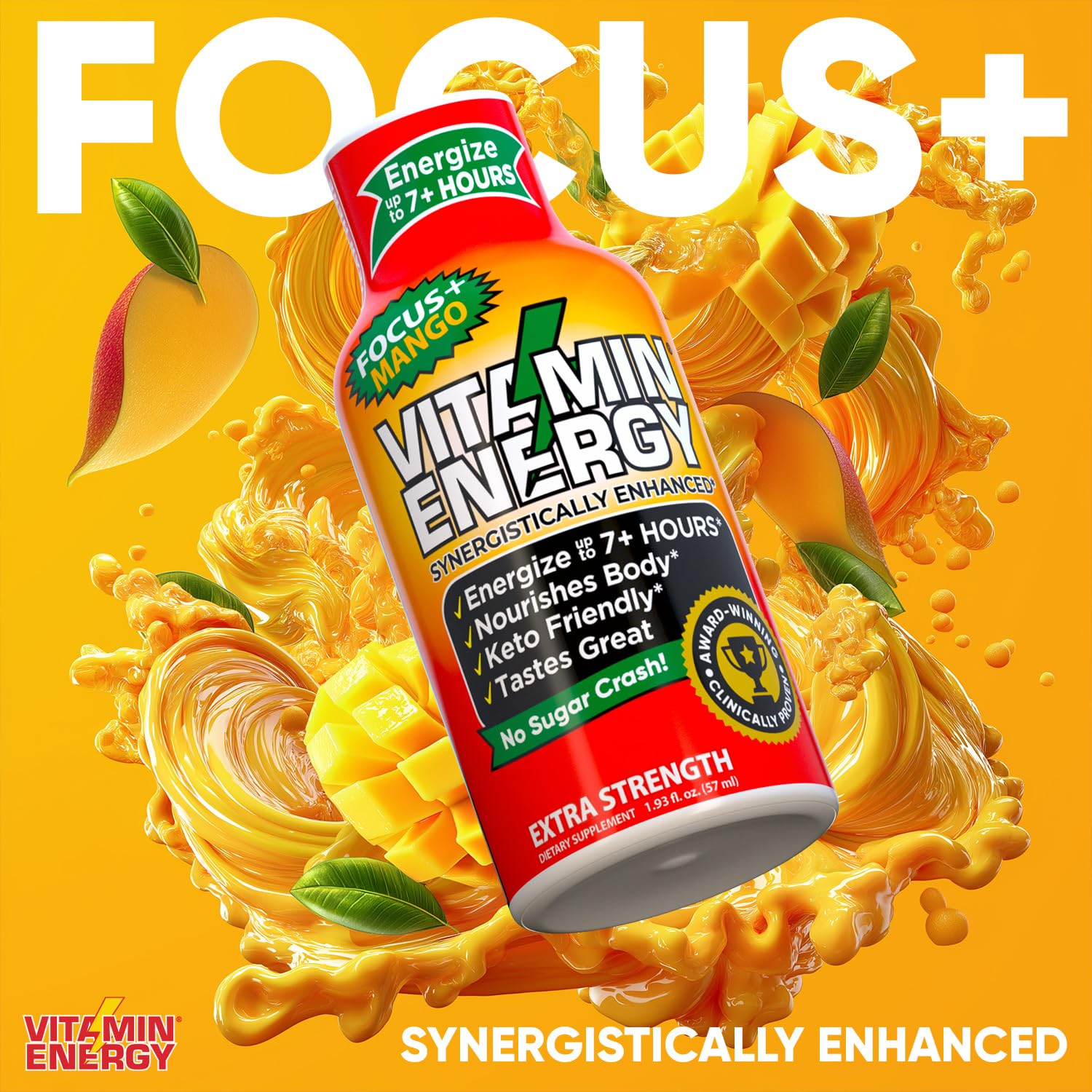 Vitamin Energy Focus Mango Shot back label highlights ingredients and nutrition.