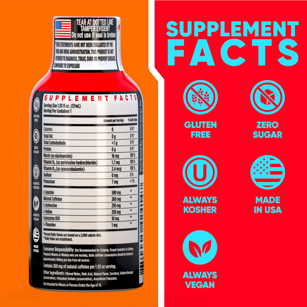 Close-up of Vitamin Energy Focus Mango Shot bottle label for quick caffeine boost.