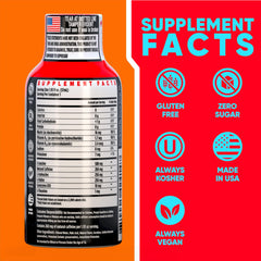 Close-up of Vitamin Energy Focus Mango Shot bottle label for quick caffeine boost.