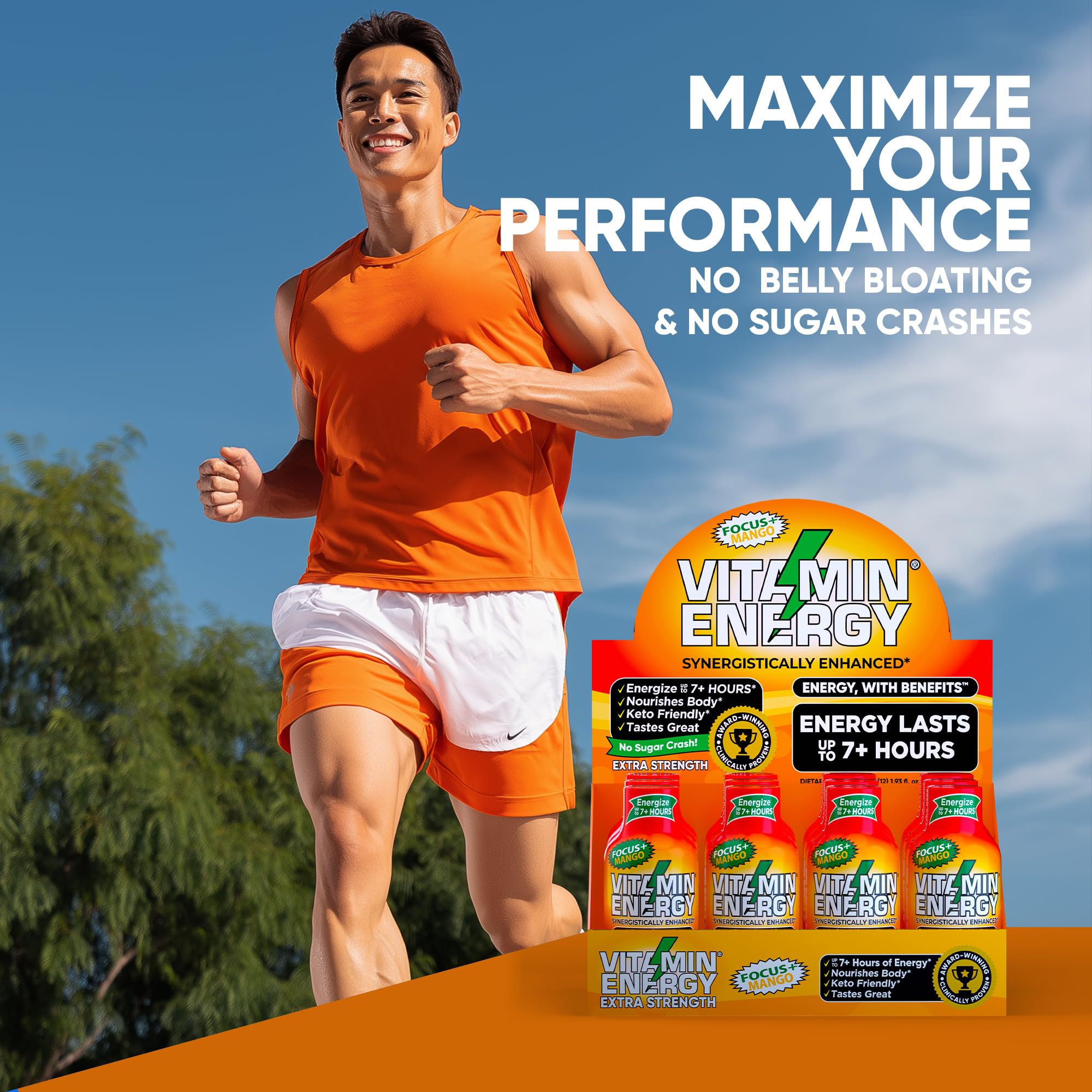 Graphic featuring mango flavor accents and vibrant branding.