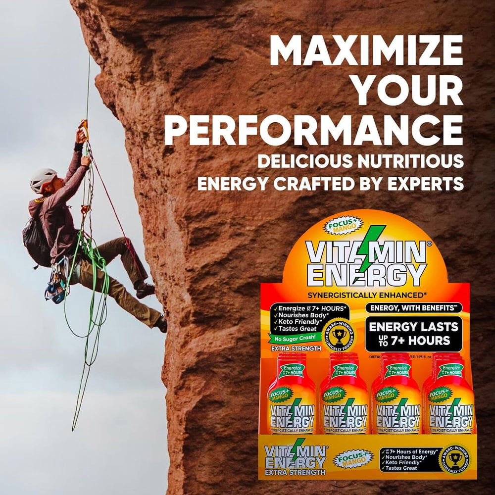 Mango-flavored energy shot with zero sugar and gluten-free badge.