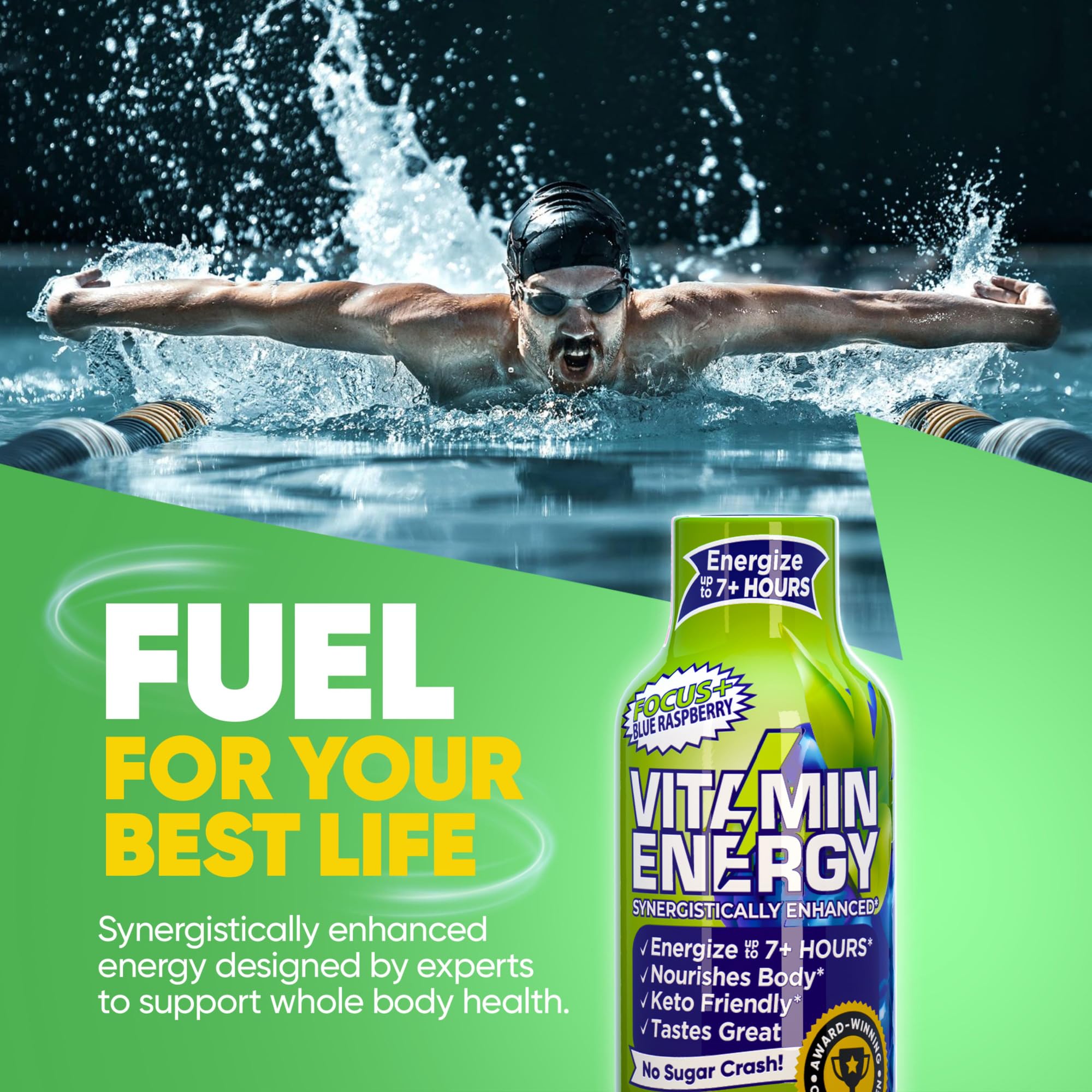Vitamin Energy Focus+ graphic shows B-vitamins and CoQ10 for cognitive support.