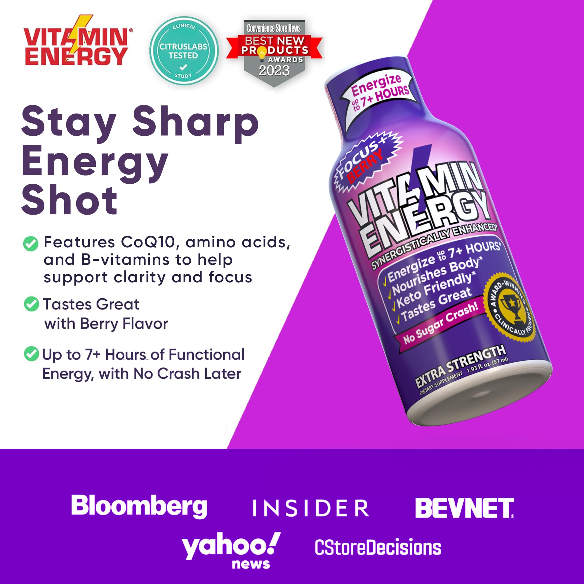Vitamin Energy Focus+ Berry Shot with berries in background conveys fruity flavor