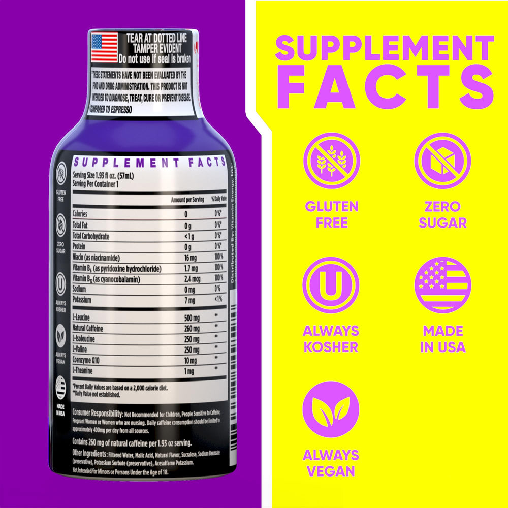 Vitamin Energy Focus+ Berry Shot held in hand for on-the-go productivity