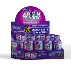Vitamin Energy Focus+ Berry Shot close-up label emphasizing zero sugar and caffeine.