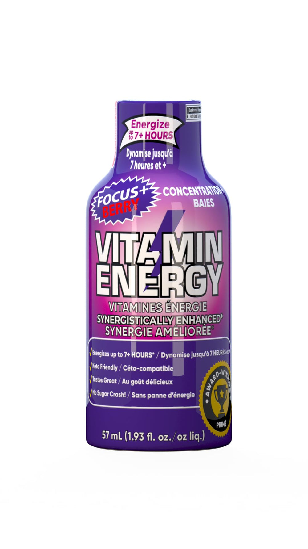 Vitamin Energy Focus+ Berry Shot pour action showing on-the-go caffeine lift.