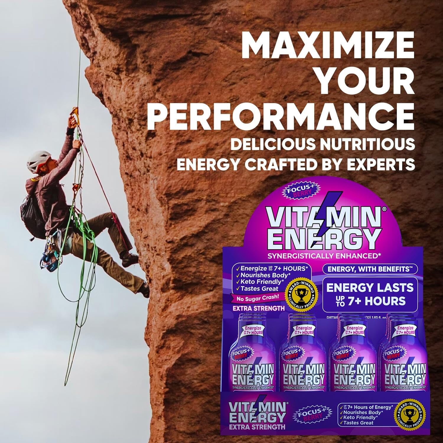 Vitamin Energy Focus+ Berry Shot on a workspace countertop during study