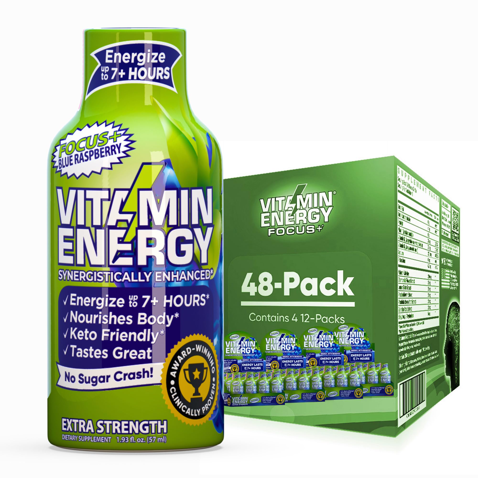 Vitamin Energy Focus+ blue raspberry shot bottle for quick, focused energy.