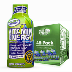 Vitamin Energy Focus+ blue raspberry shot bottle for quick, focused energy.