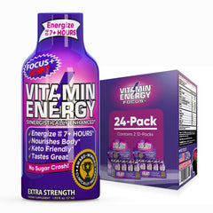 Vitamin Energy Focus+ Berry front label showing compact energy shot and zero sugar benefits