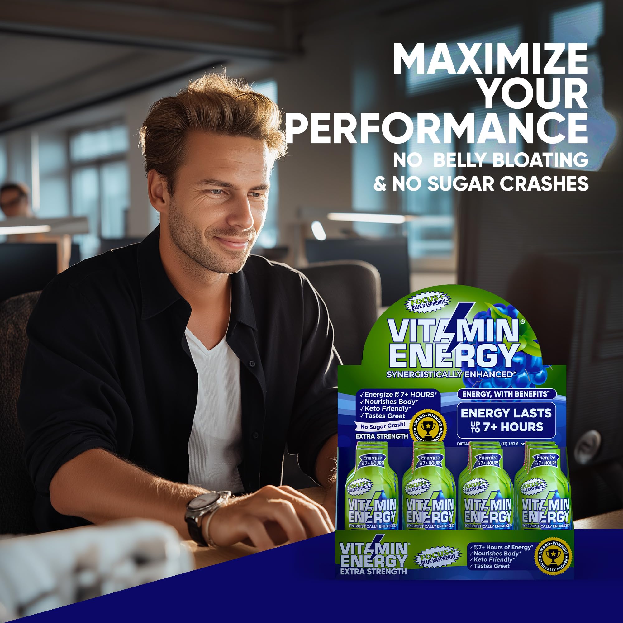 Vitamin Energy Focus+ travel pack in a bag illustrates portability for work or study.