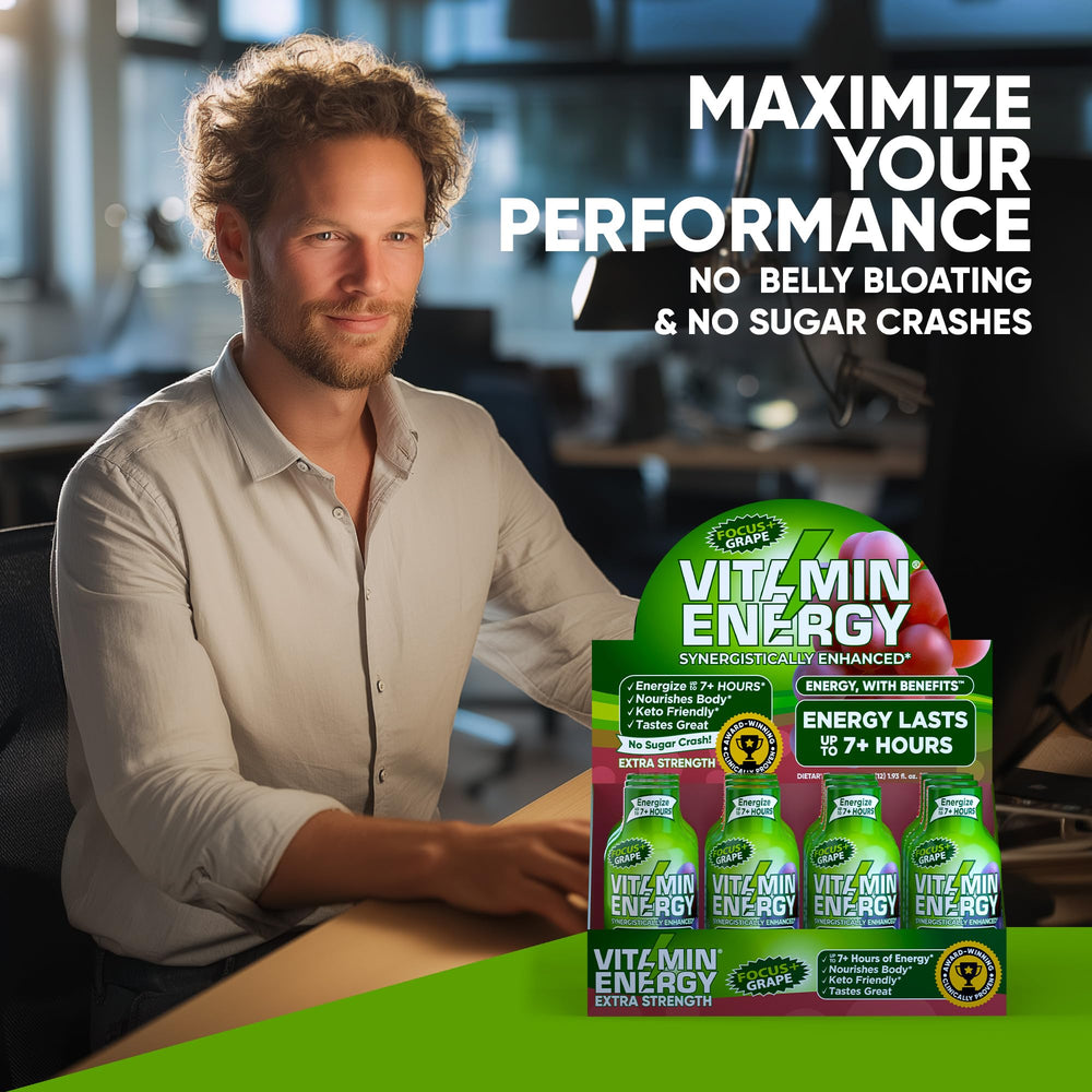 Vitamin Energy Focus+ grape shot on kitchen counter ready