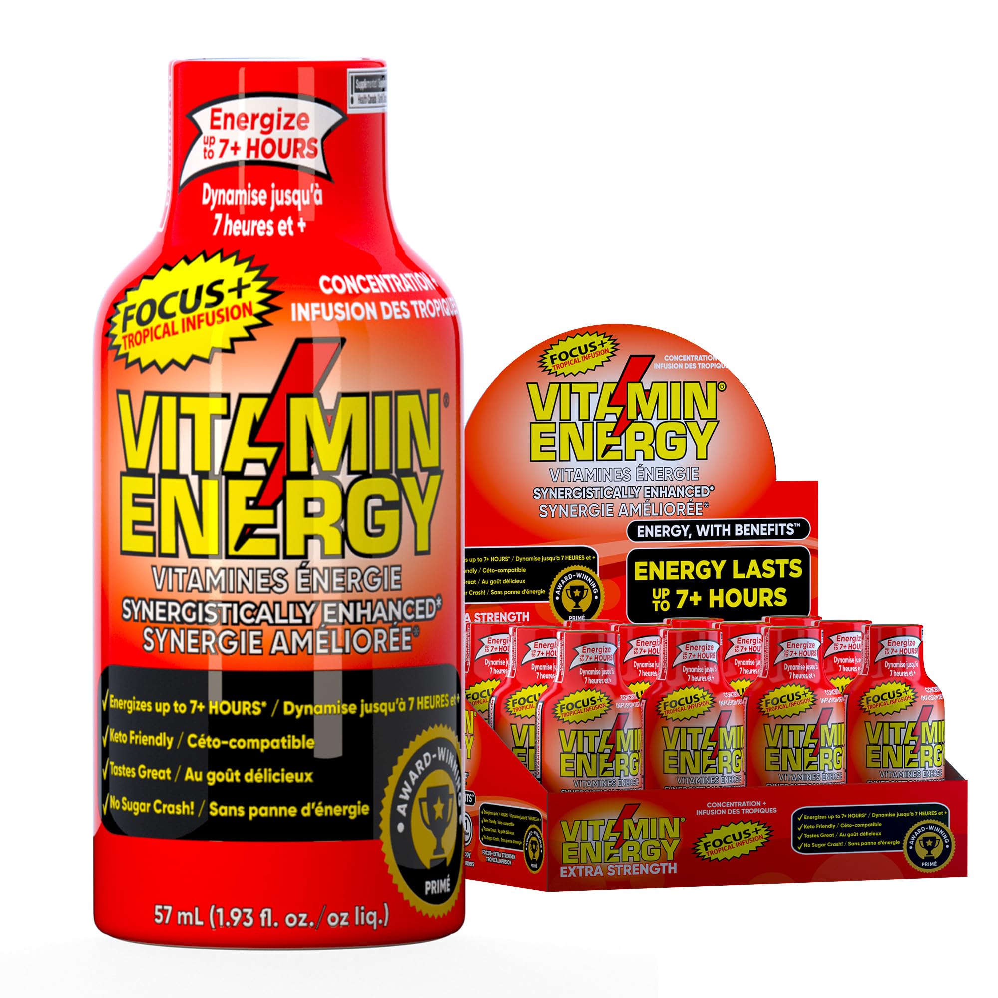 Vitamin Energy Focus+ Tropical bottle view showcasing portable energy and focus boost.