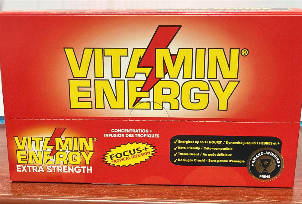 Vitamin Energy Focus+ Tropical glass with ice illustrating refreshing energy lift.