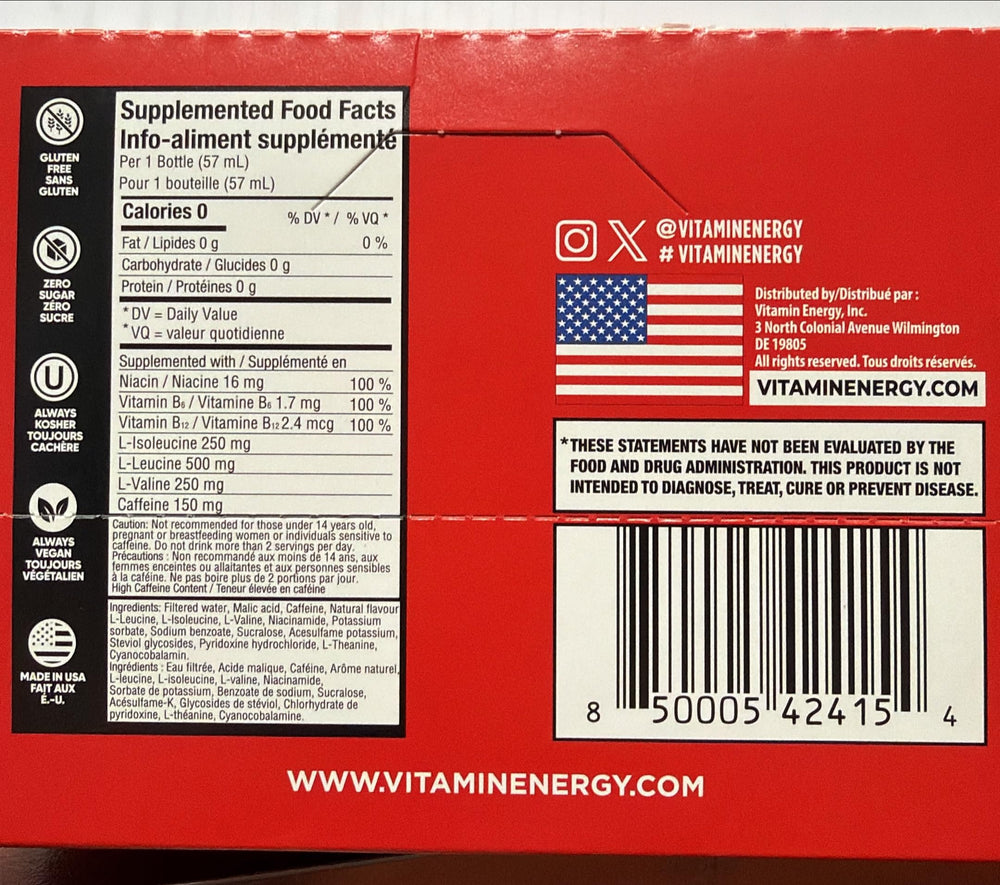 Vitamin Energy Focus+ Tropical 12-pack packaging shot highlighting sustained energy.