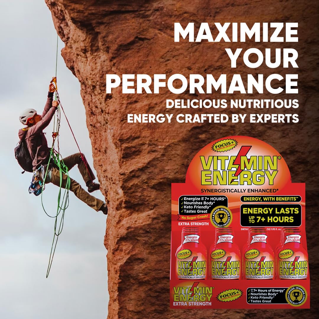 Vitamin Energy Focus+ Tropical Shot bottle with timing icon indicating 7+ hours of energy