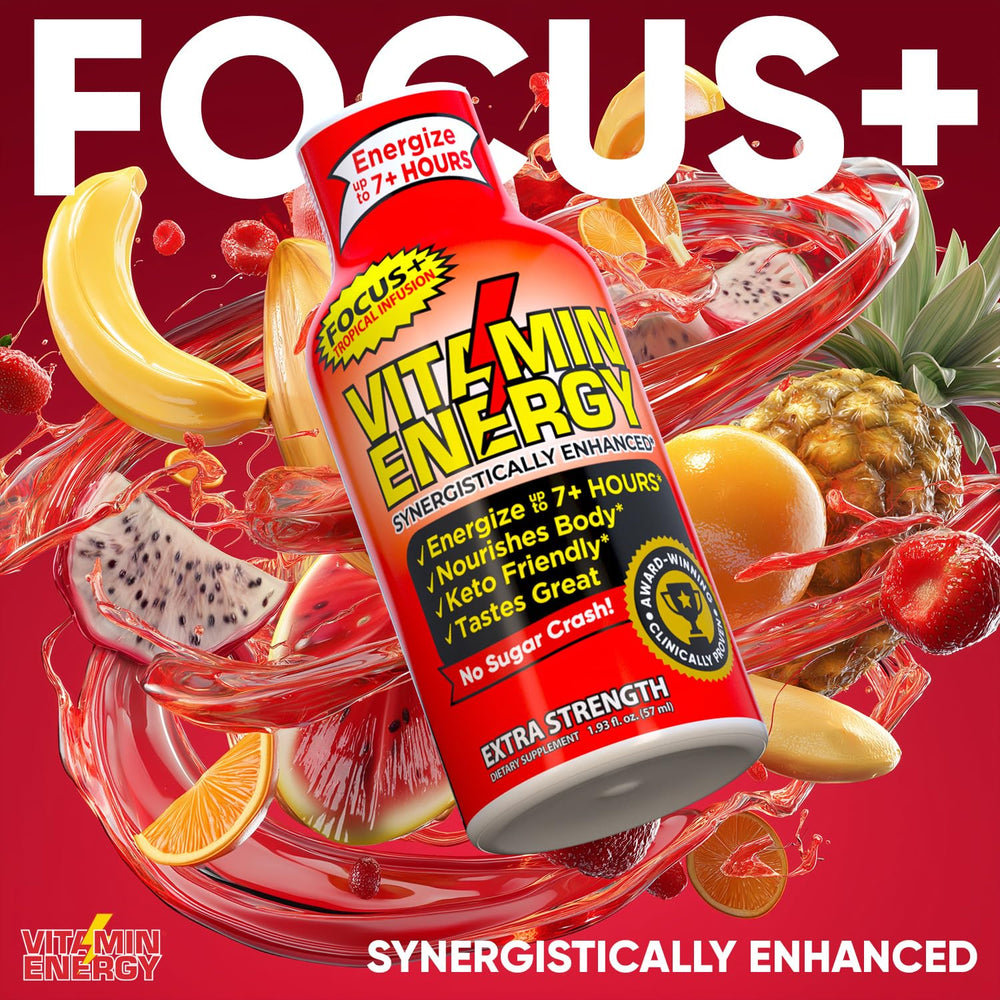 Vitamin Energy Focus+ Tropical Shot packaging shows zero sugar and gluten-free claim