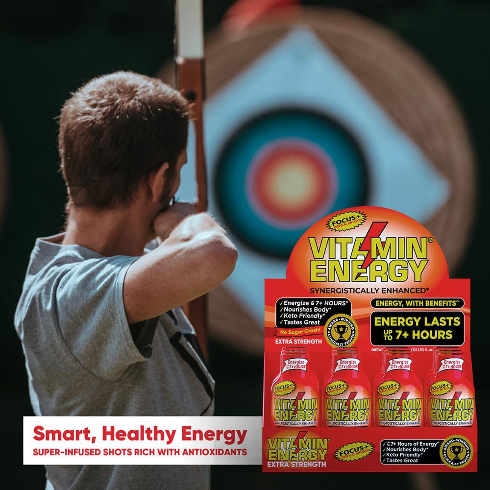 Vitamin Energy Focus+ Tropical Shot in travel pouch for busy lifestyle