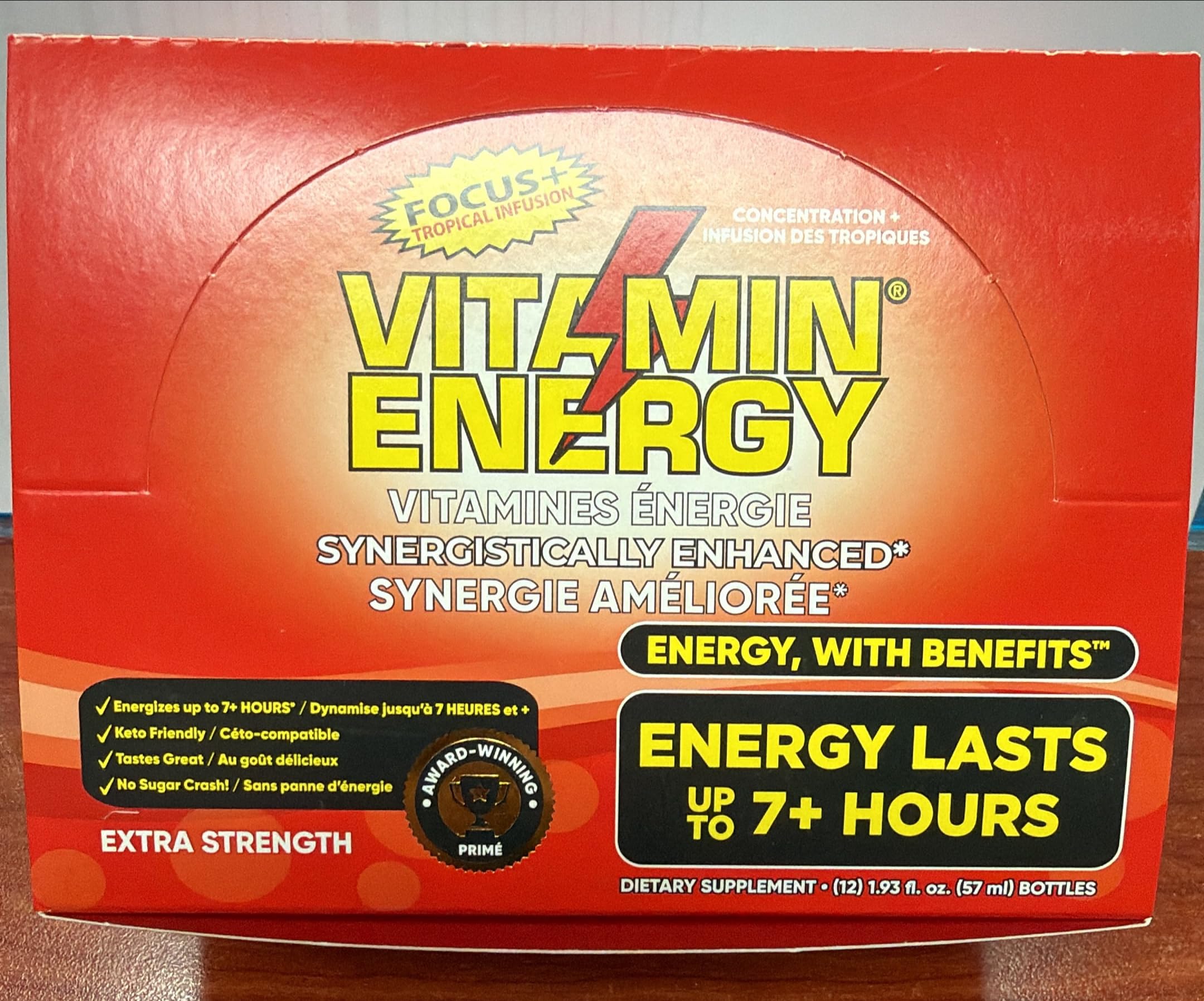 Vitamin Energy Focus+ Tropical shot with label emphasizing zero sugar and keto-friendly formula.