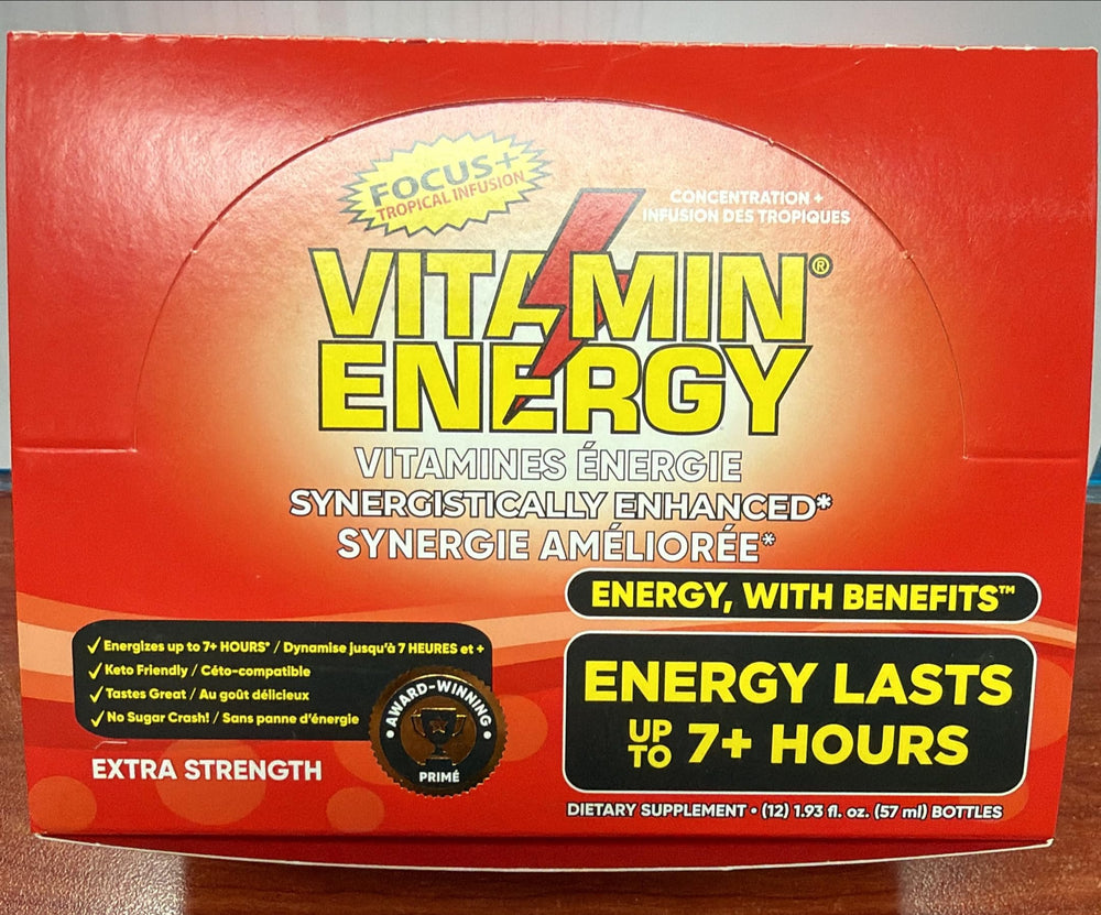 Vitamin Energy Focus+ Tropical shot with label emphasizing zero sugar and keto-friendly formula.