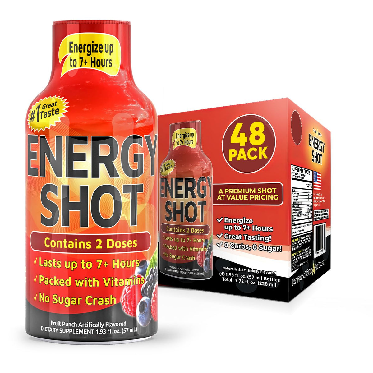 Vitamin Energy Fruit Punch energy shot bottle for fast focus and sustained energy.