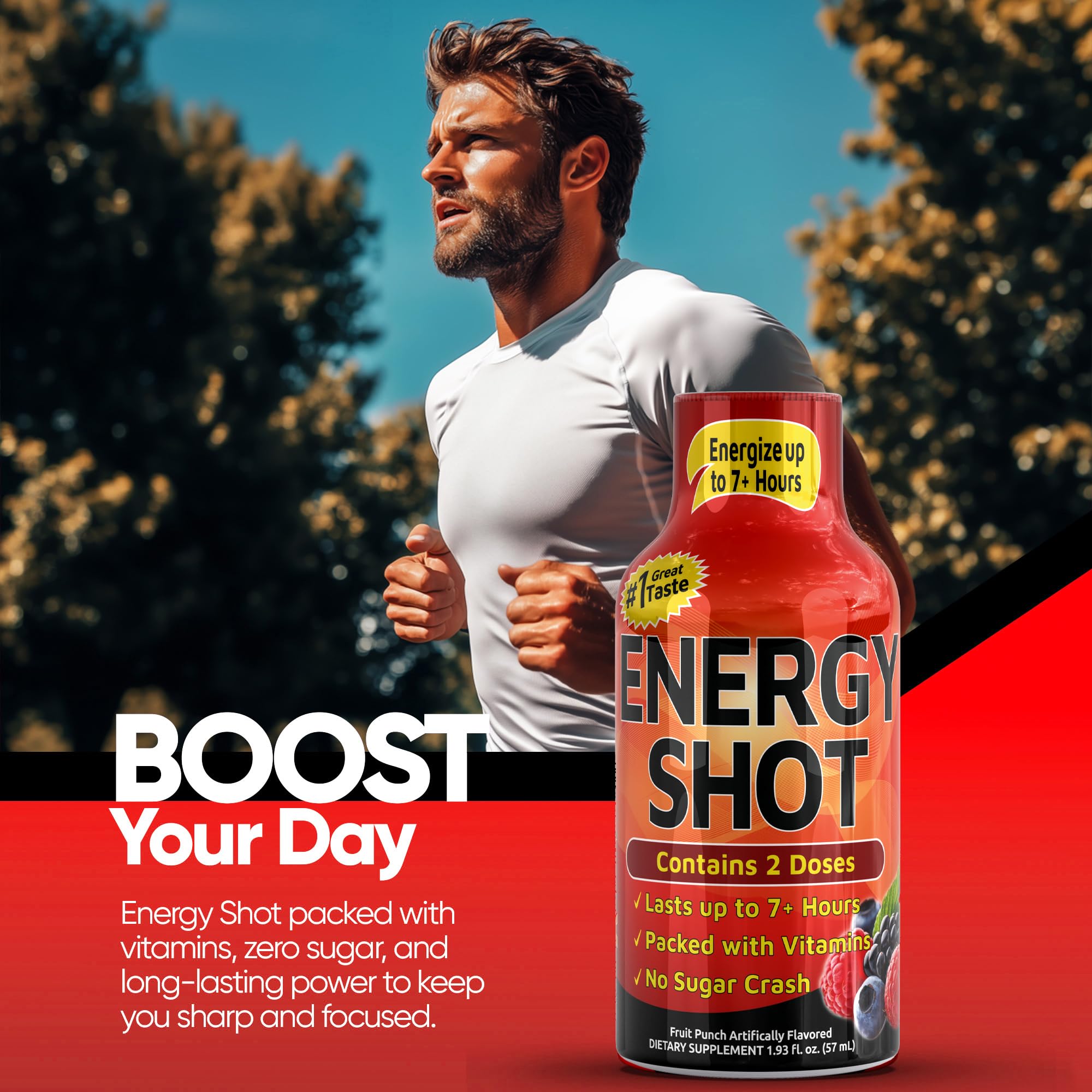 Packaging close-up of Vitamin Energy Fruit Punch emphasizes sugar-free formula.
