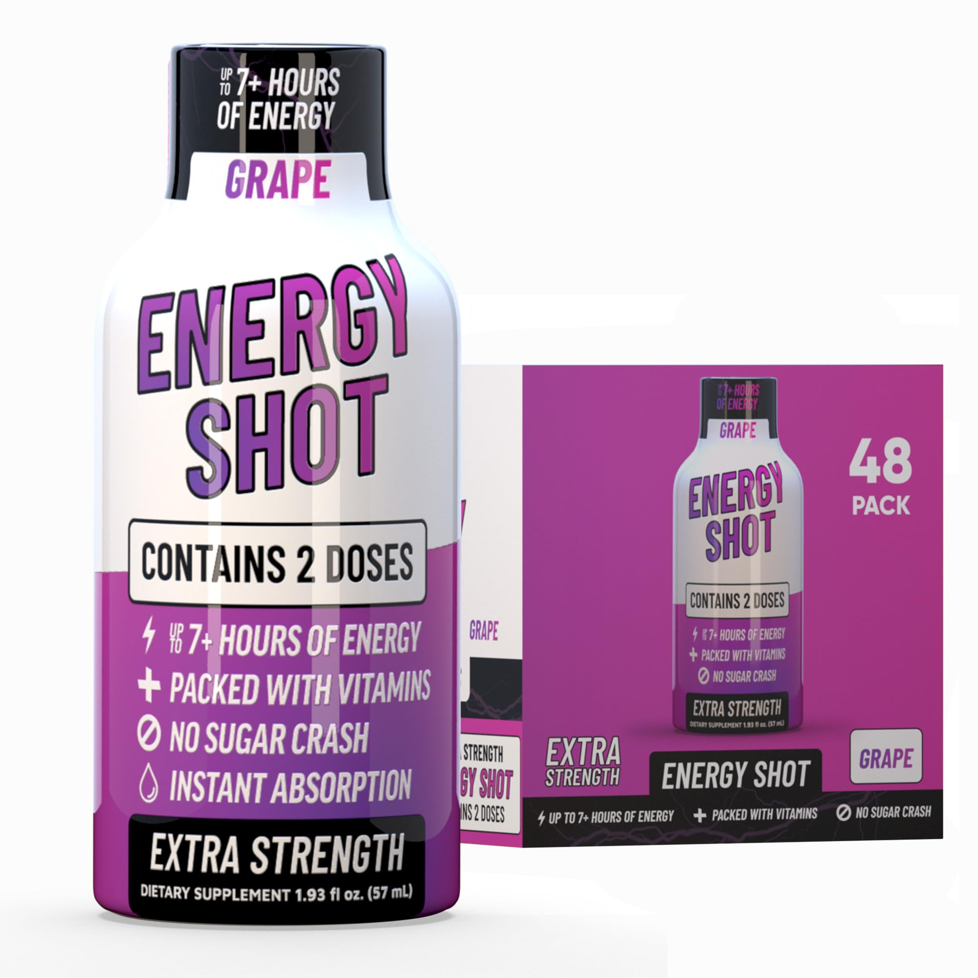 Vitamin Energy Grape Shot bottle front view offering compact, sugar-free energy on the go.