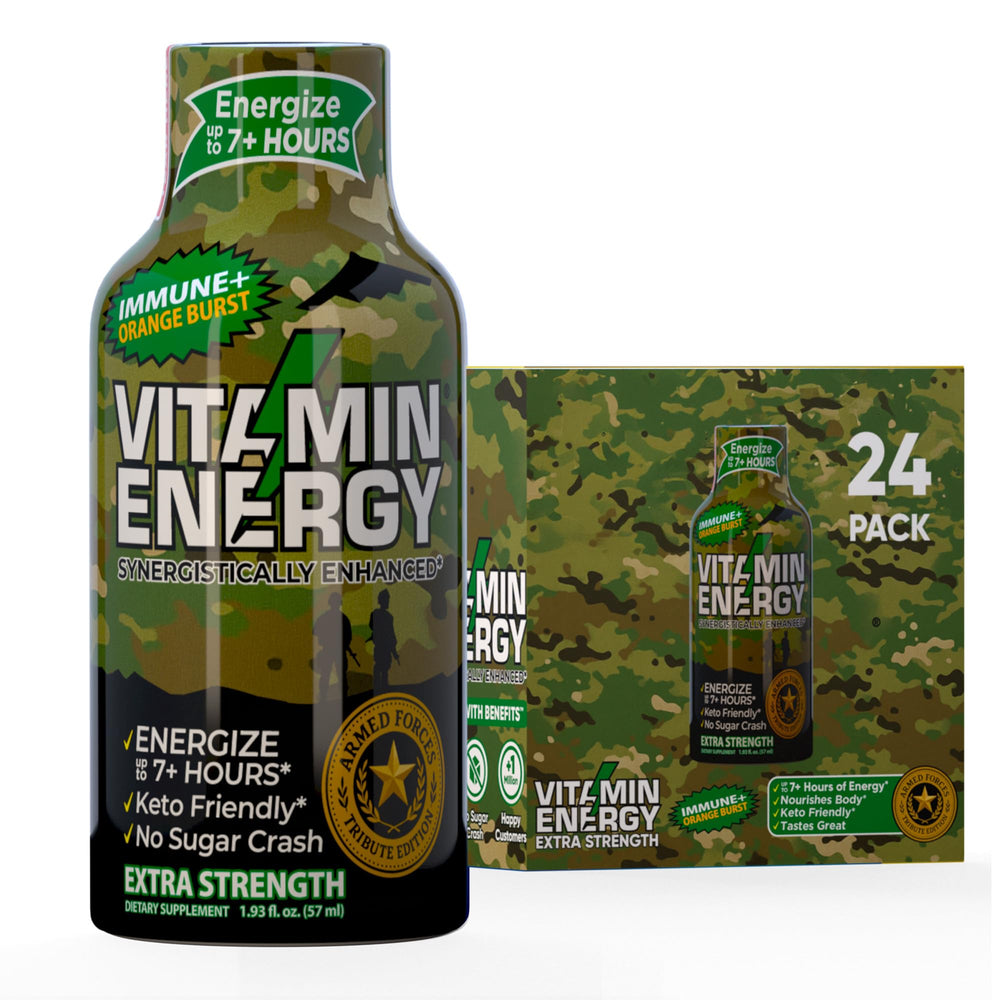 Vitamin Energy Immune+ Army Orange bottle being poured for steady focus.