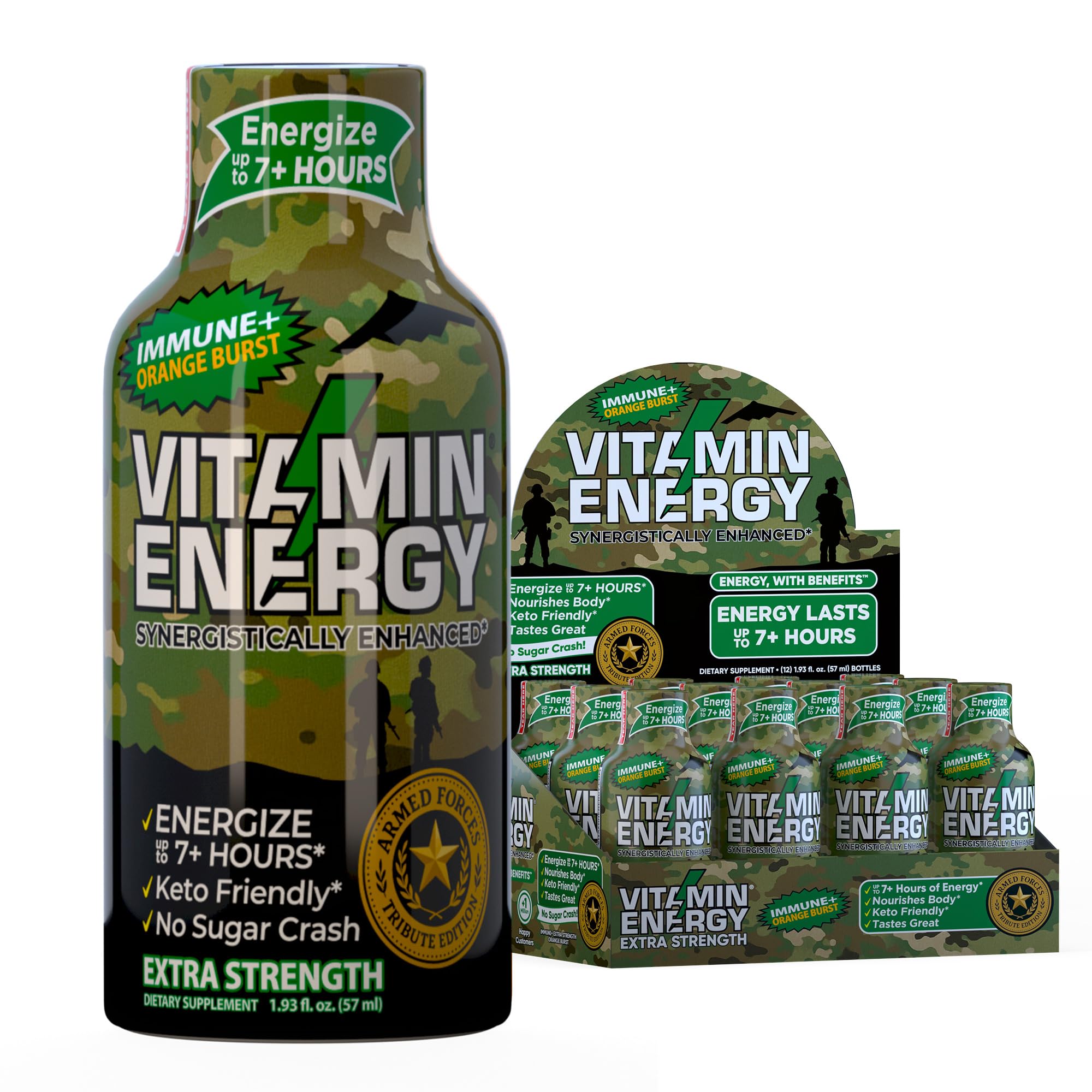 Vitamin Energy Immune+ Army Orange bottle shows portable energy and immune-friendly formula.