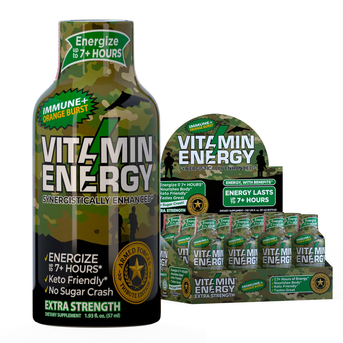 Vitamin Energy Immune+ Army Orange bottle shows portable energy and immune-friendly formula.