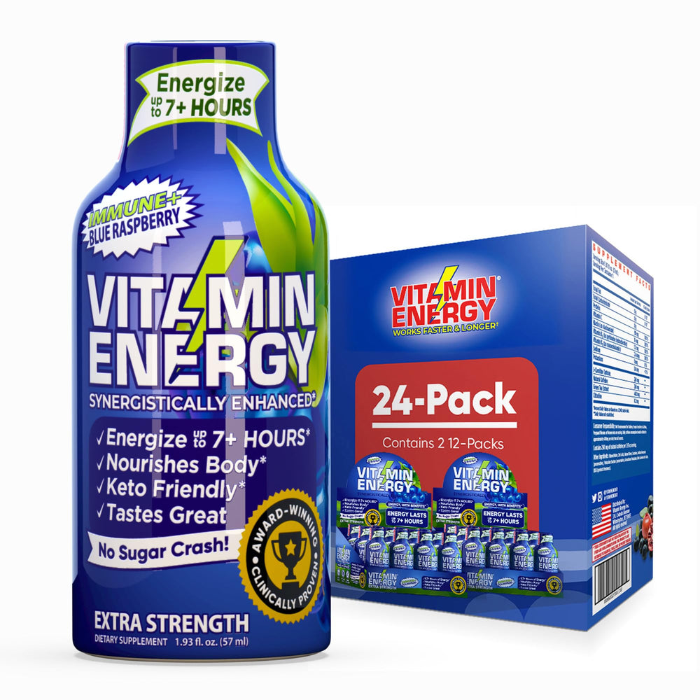 Vitamin Energy Immune+ blue raspberry bottle highlighting 260mg caffeine for focused energy
