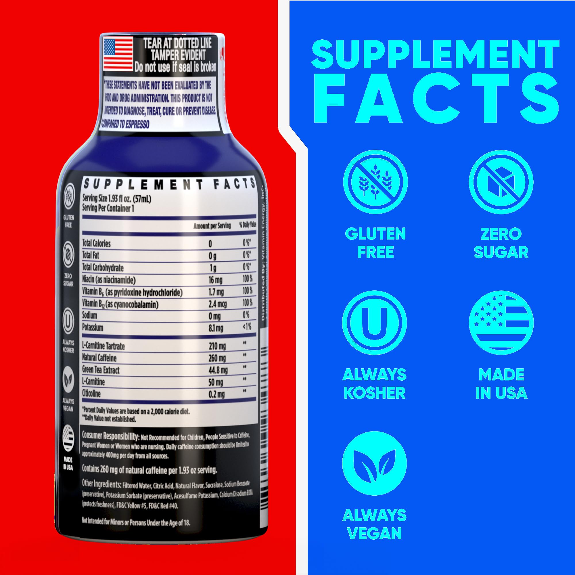 Vitamin Energy Immune+ blue raspberry pack shows zero sugar and gluten-free formulation