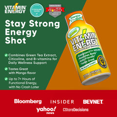 Glass of Vitamin Energy Immune+ Mango Shot prepared for immediate consumption.